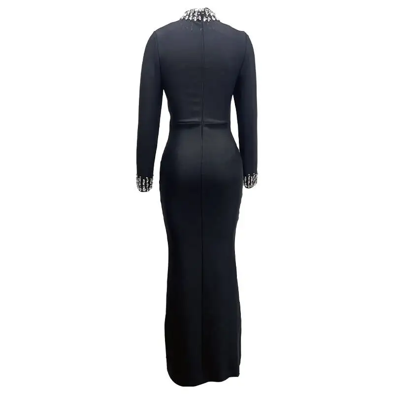 New Winter Style Women Long Sleeve Sexy Mesh Sparkly Crystal Bodycon Long Bandage Dress Fashion Celebrate Evening Party Dress - Image 4