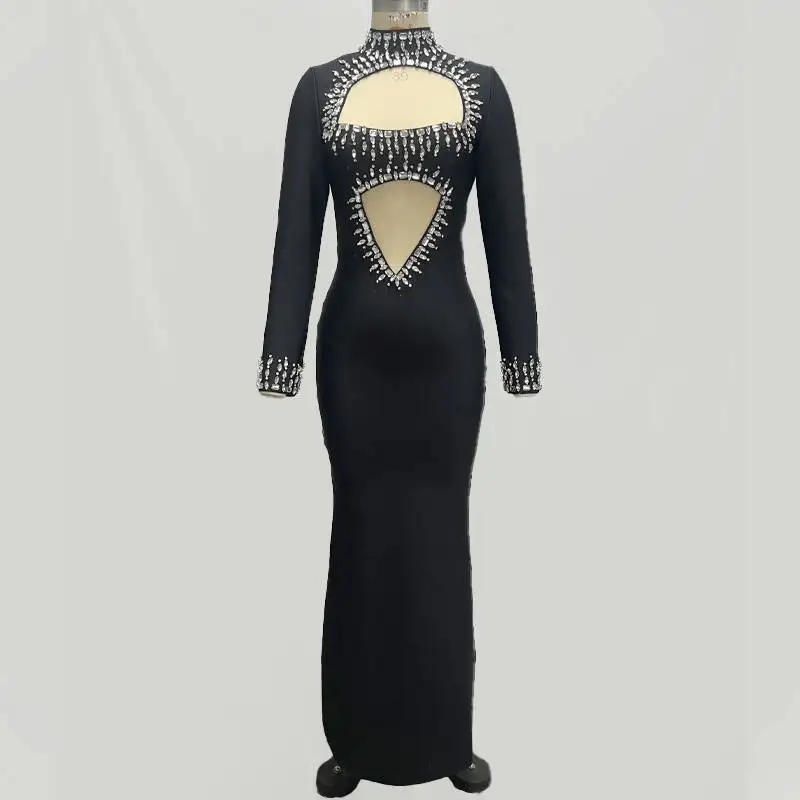 New Winter Style Women Long Sleeve Sexy Mesh Sparkly Crystal Bodycon Long Bandage Dress Fashion Celebrate Evening Party Dress - Image 5