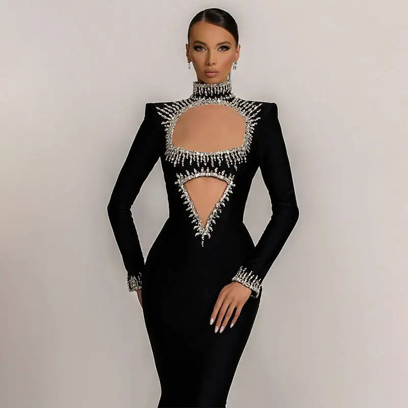 New Winter Style Women Long Sleeve Sexy Mesh Sparkly Crystal Bodycon Long Bandage Dress Fashion Celebrate Evening Party Dress - Image 6