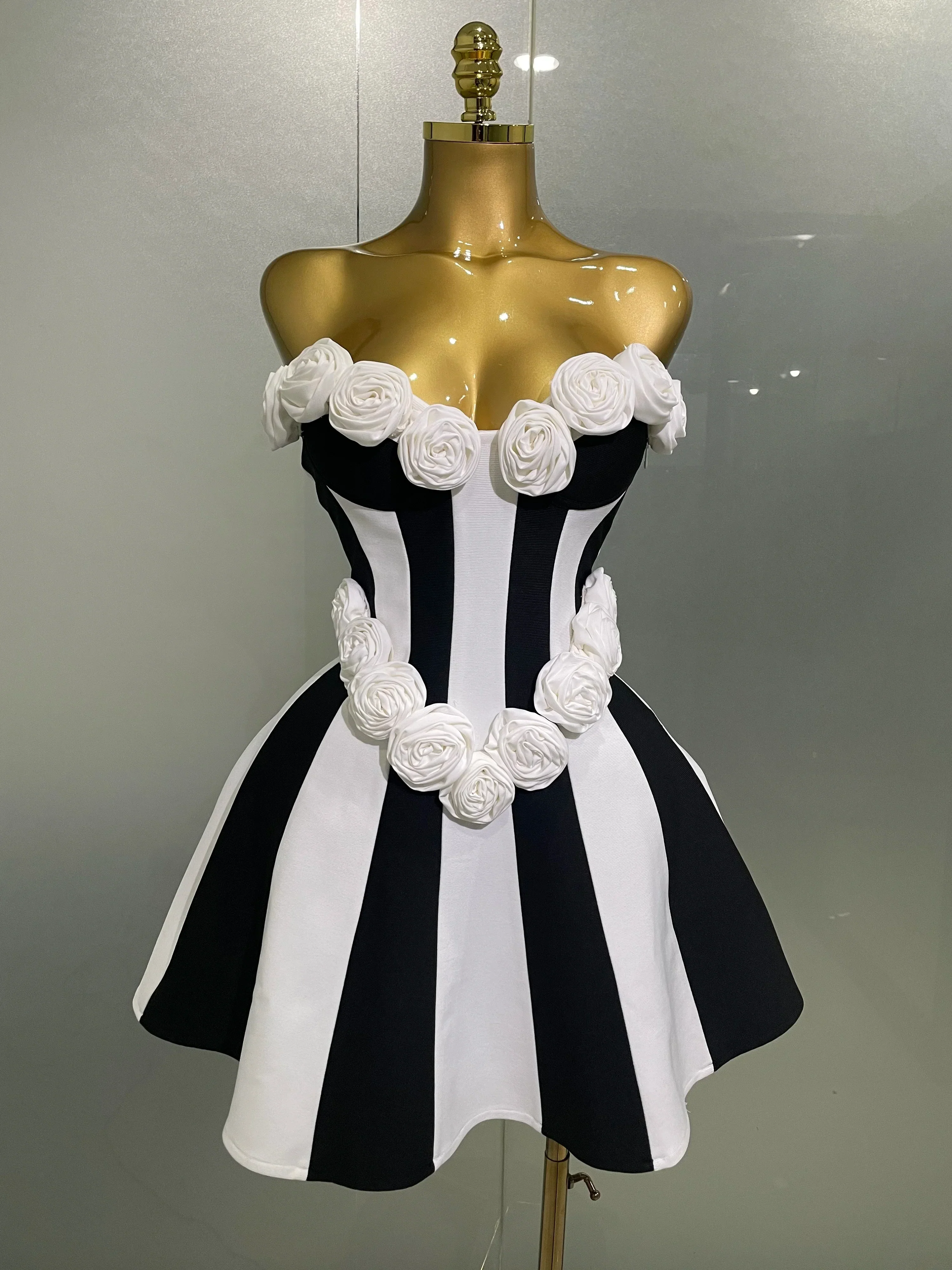 Women Flower Decoration Strapless Black White Stripe Bandage Short Dress Cocktail Party Elegant Evening Club Party Dress
