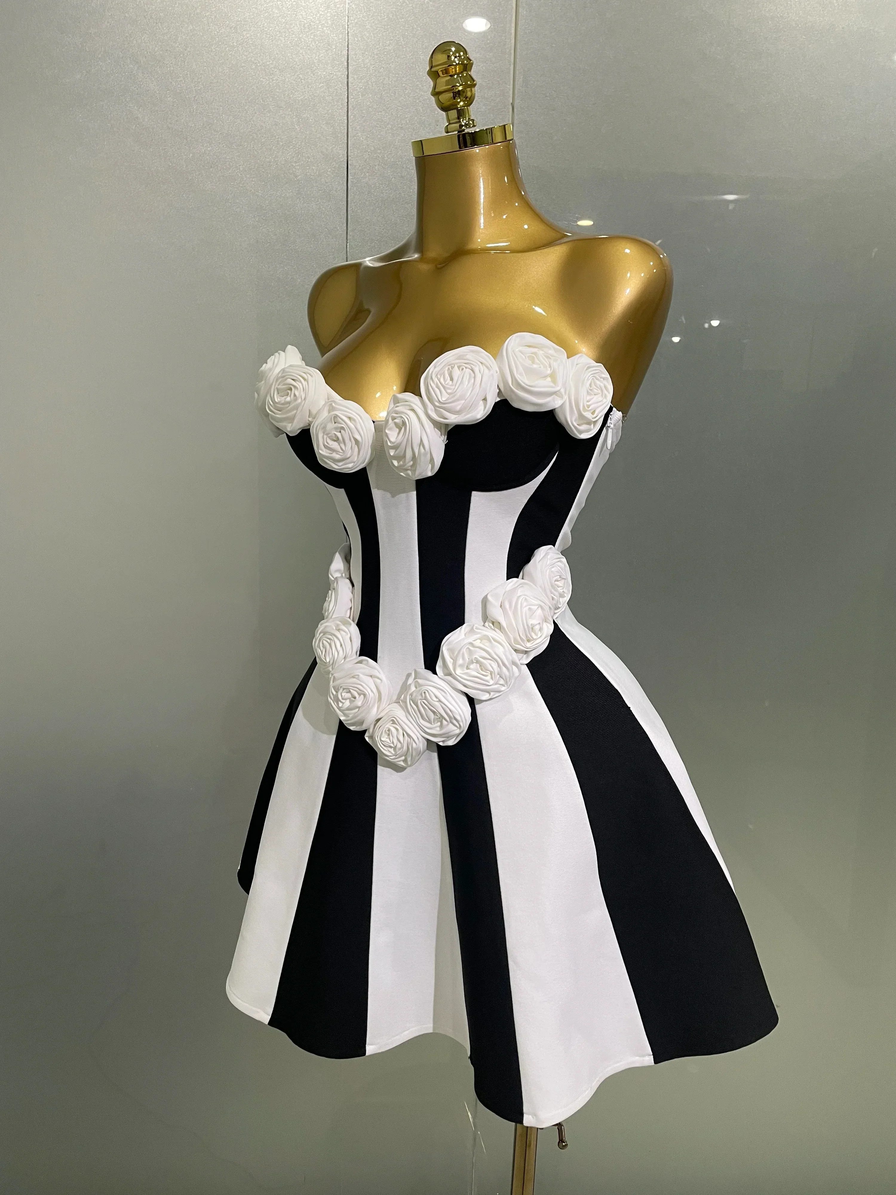 Women Flower Decoration Strapless Black White Stripe Bandage Short Dress Cocktail Party Elegant Evening Club Party Dress - Image 2