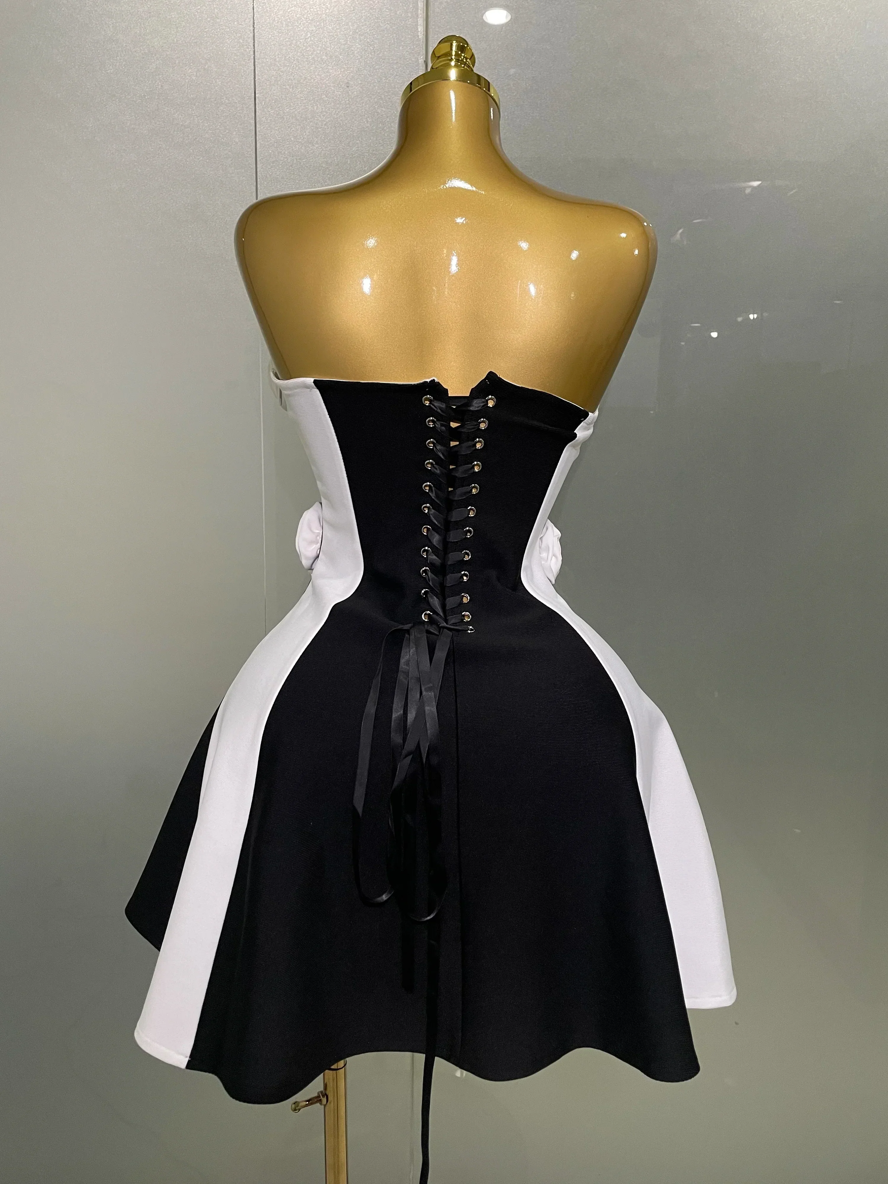 Women Flower Decoration Strapless Black White Stripe Bandage Short Dress Cocktail Party Elegant Evening Club Party Dress - Image 3