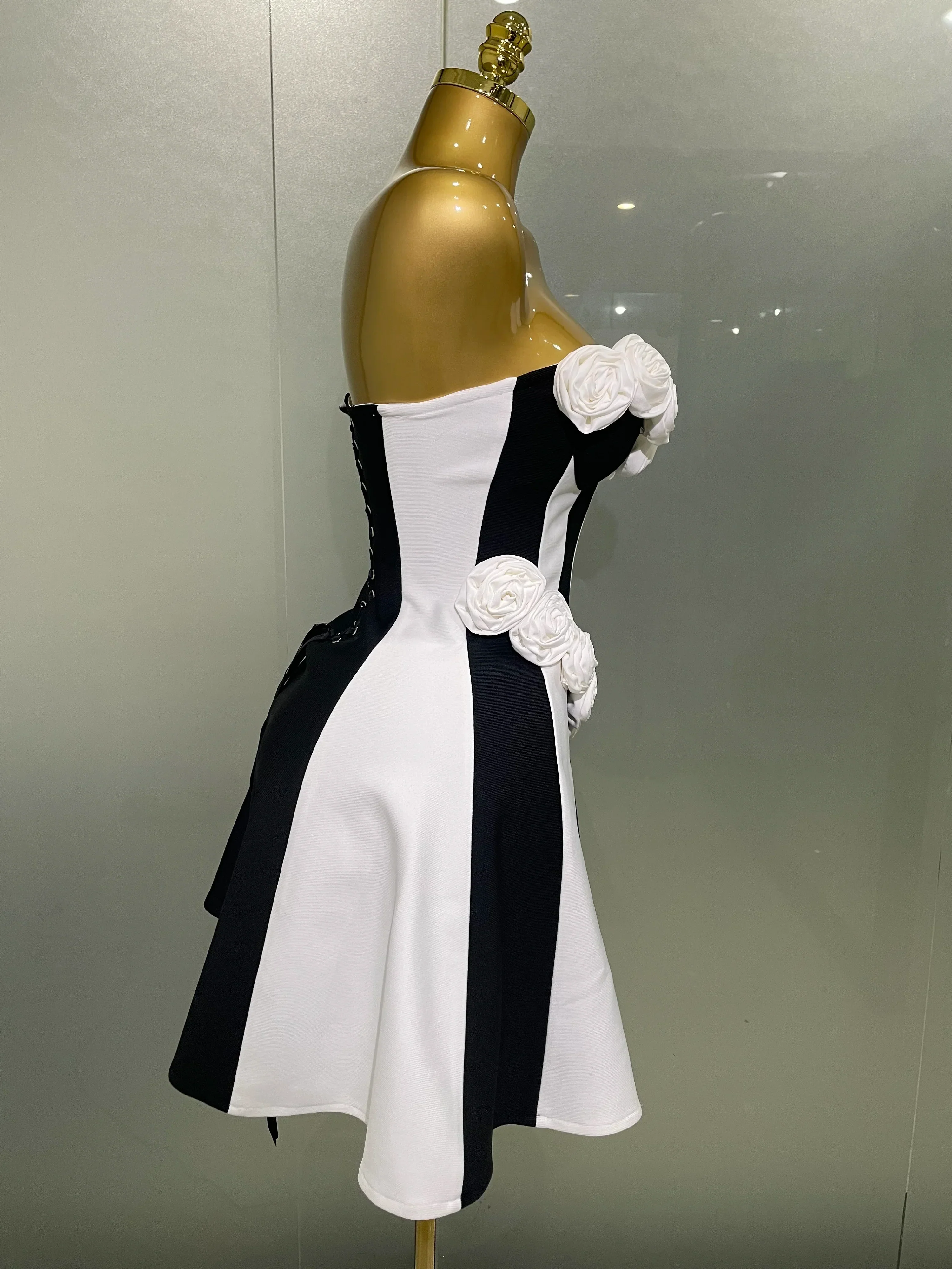Women Flower Decoration Strapless Black White Stripe Bandage Short Dress Cocktail Party Elegant Evening Club Party Dress - Image 4