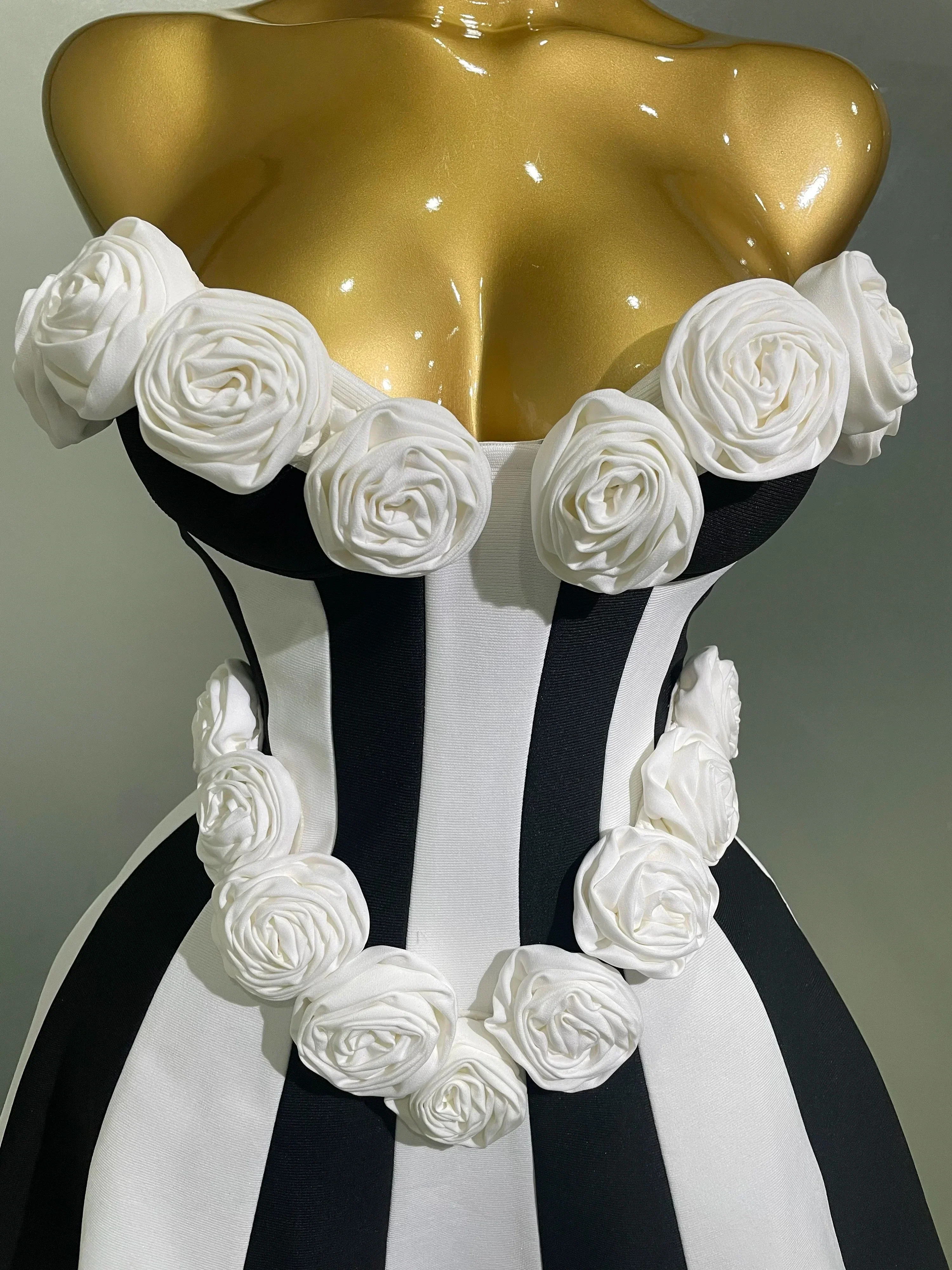 Women Flower Decoration Strapless Black White Stripe Bandage Short Dress Cocktail Party Elegant Evening Club Party Dress - Image 5