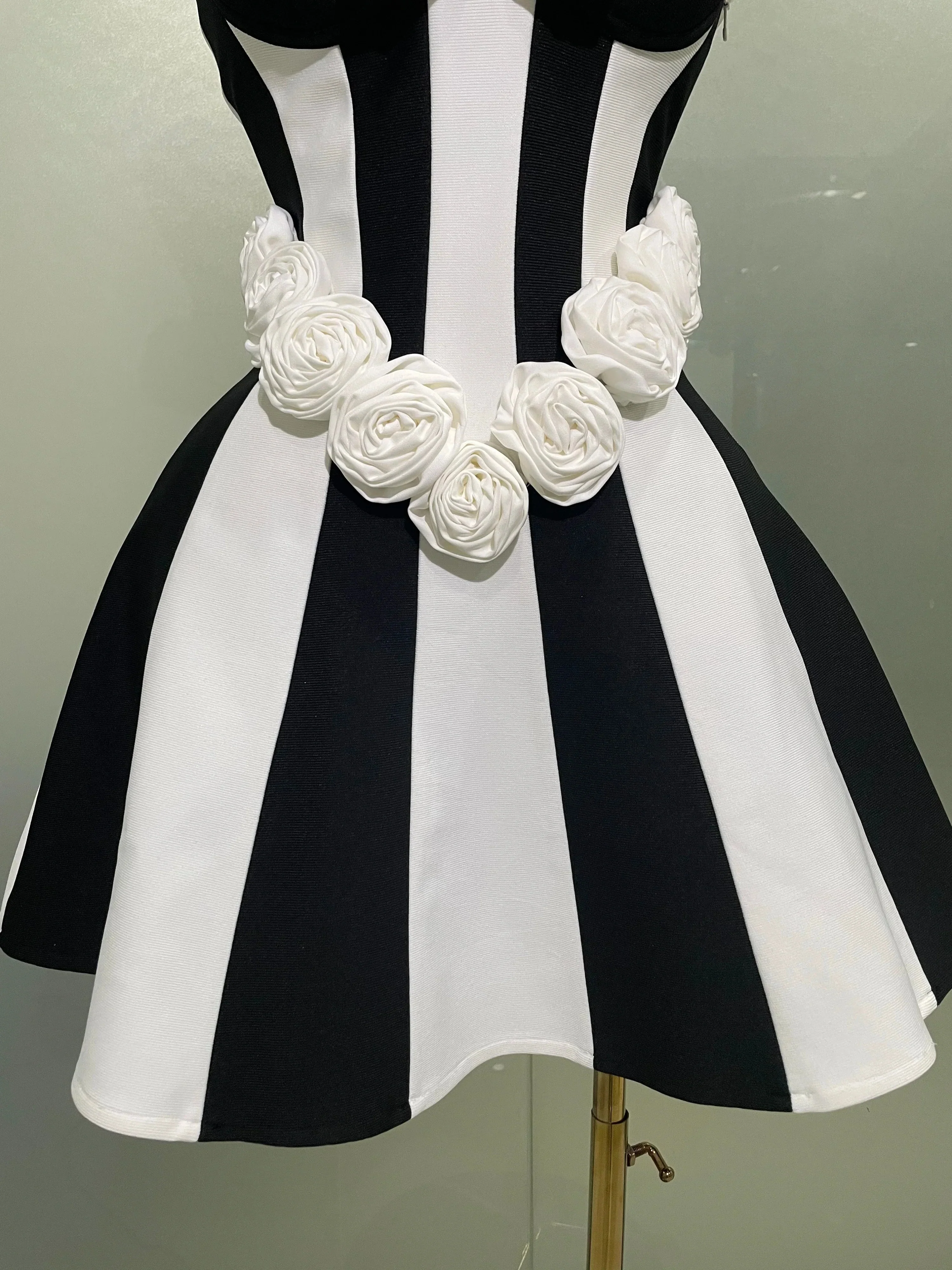 Women Flower Decoration Strapless Black White Stripe Bandage Short Dress Cocktail Party Elegant Evening Club Party Dress - Image 6