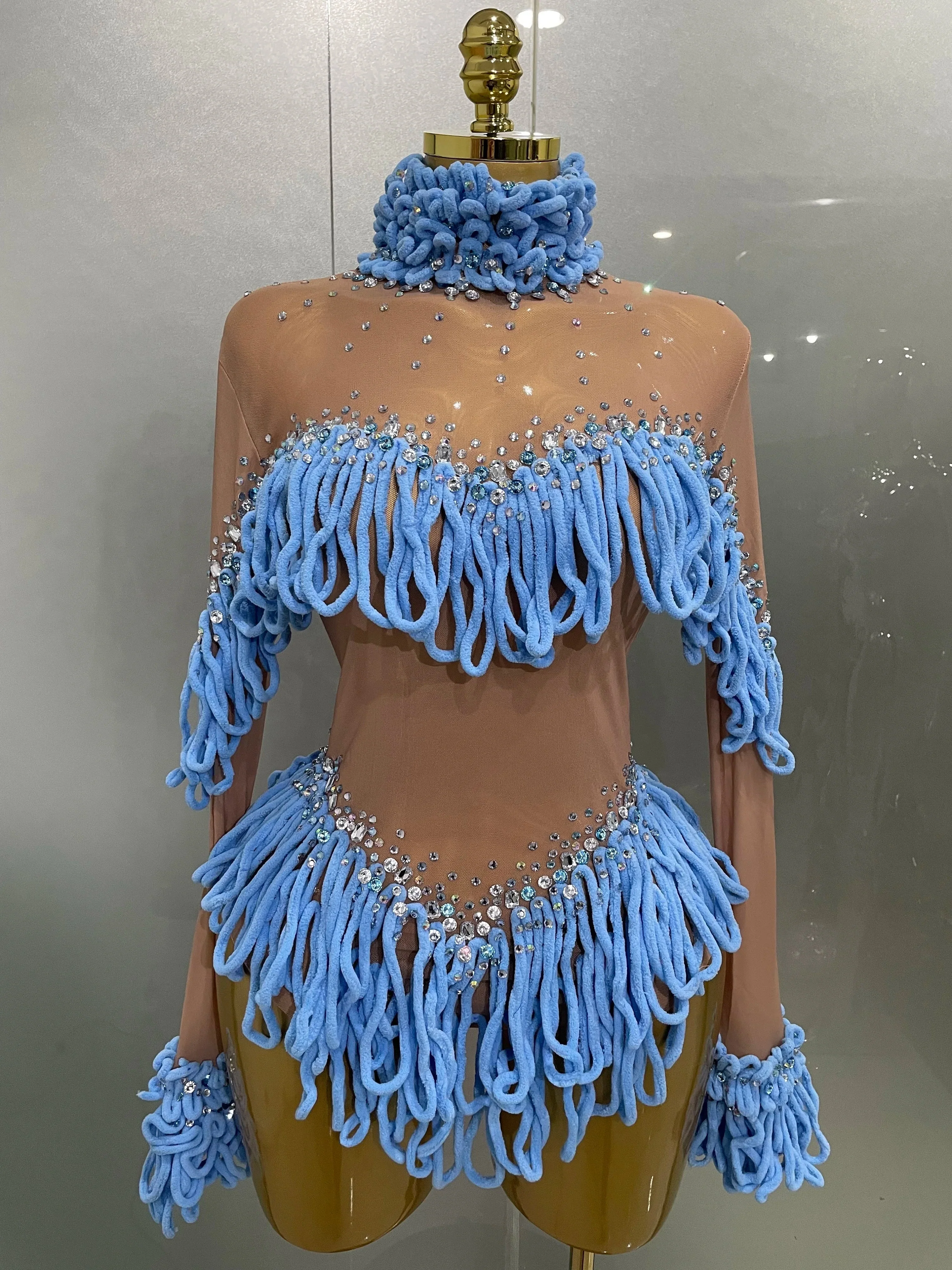 Women Shining Rhinestones Sexy Mesh Tassels Bodysuit Birthday Party Club Performance Dance DJ Leotard Show Stage Wear