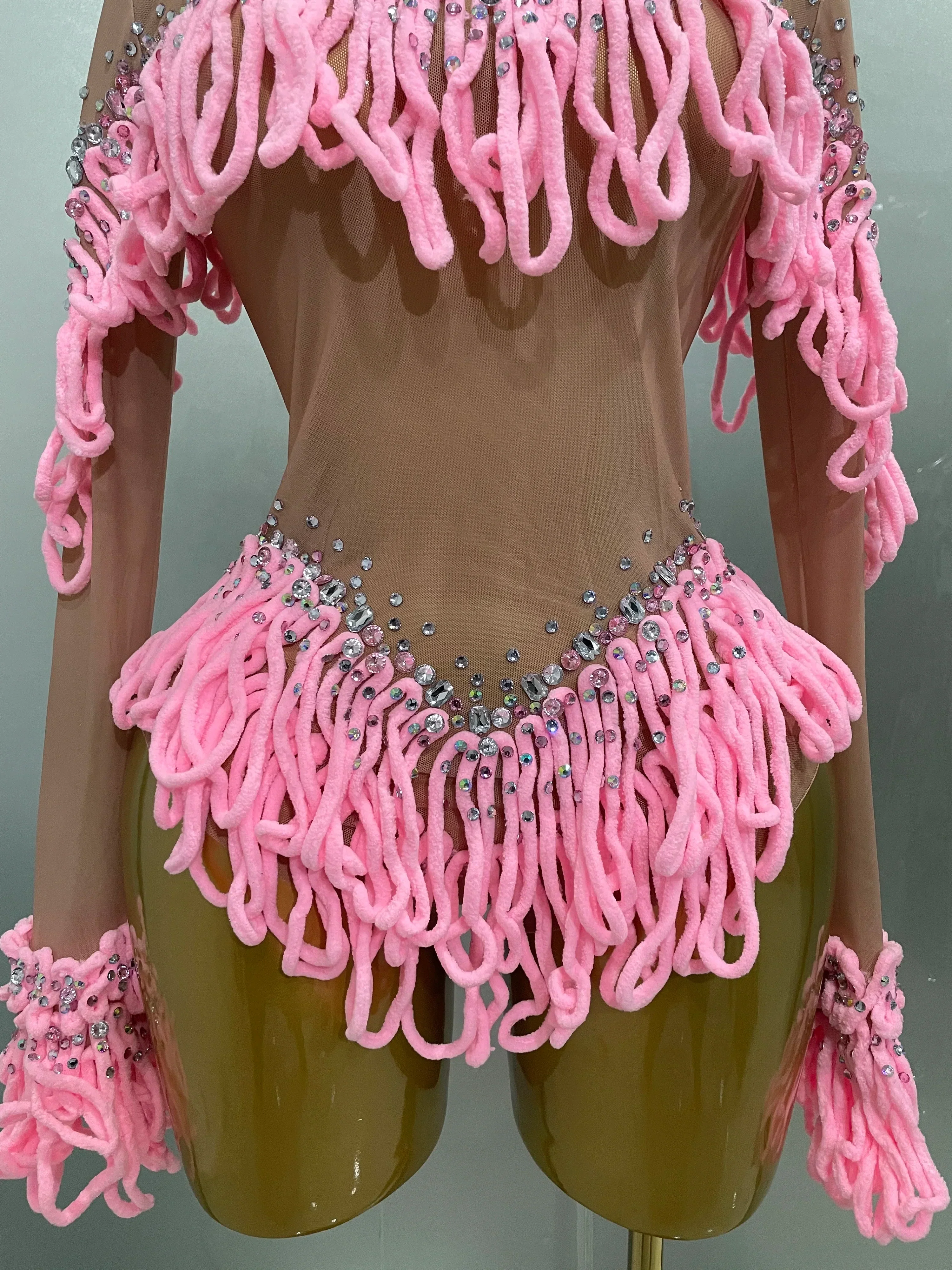Women Shining Rhinestones Sexy Mesh Tassels Bodysuit Birthday Party Club Performance Dance DJ Leotard Show Stage Wear - Image 5