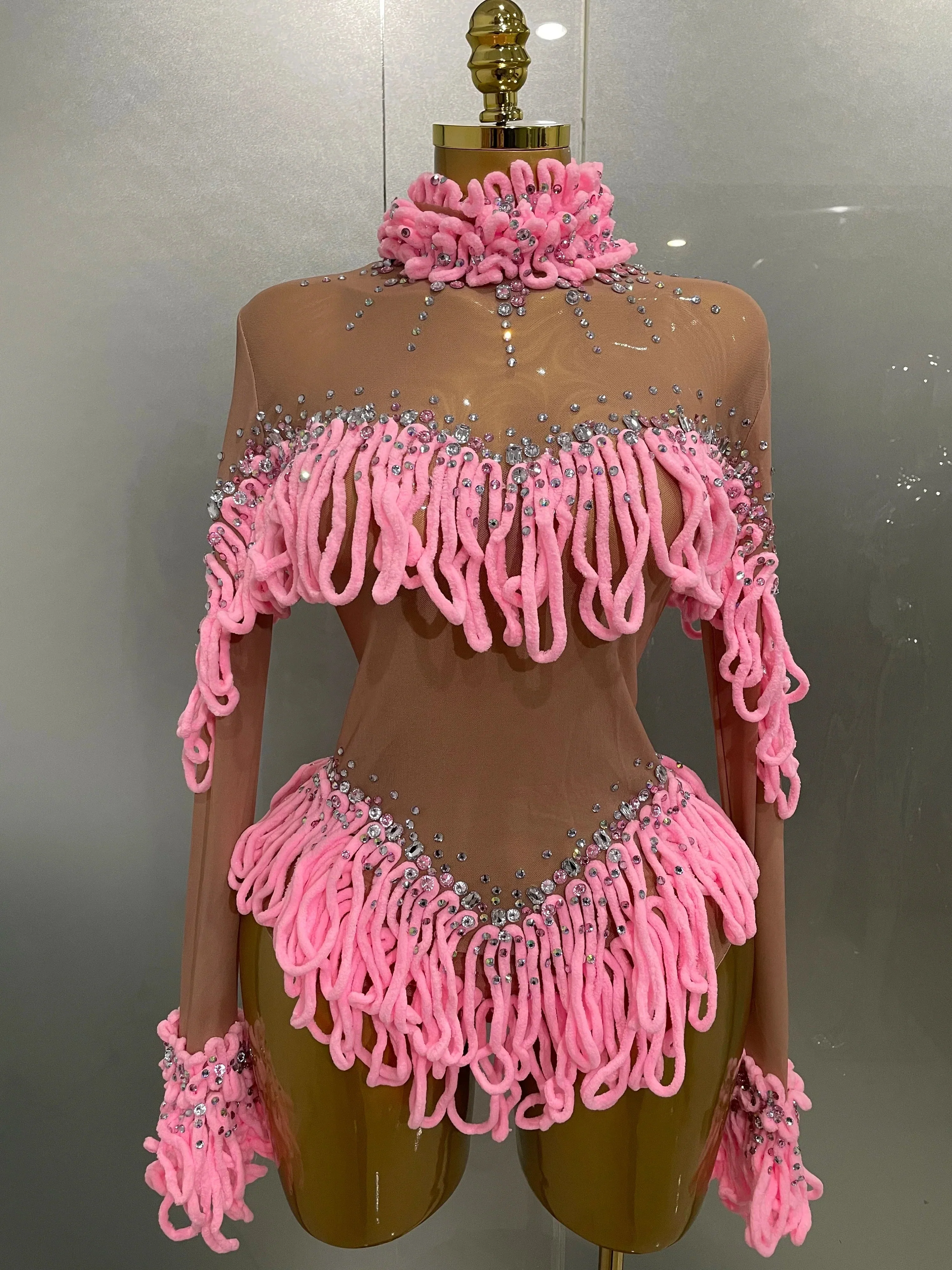 Women Shining Rhinestones Sexy Mesh Tassels Bodysuit Birthday Party Club Performance Dance DJ Leotard Show Stage Wear - Image 6