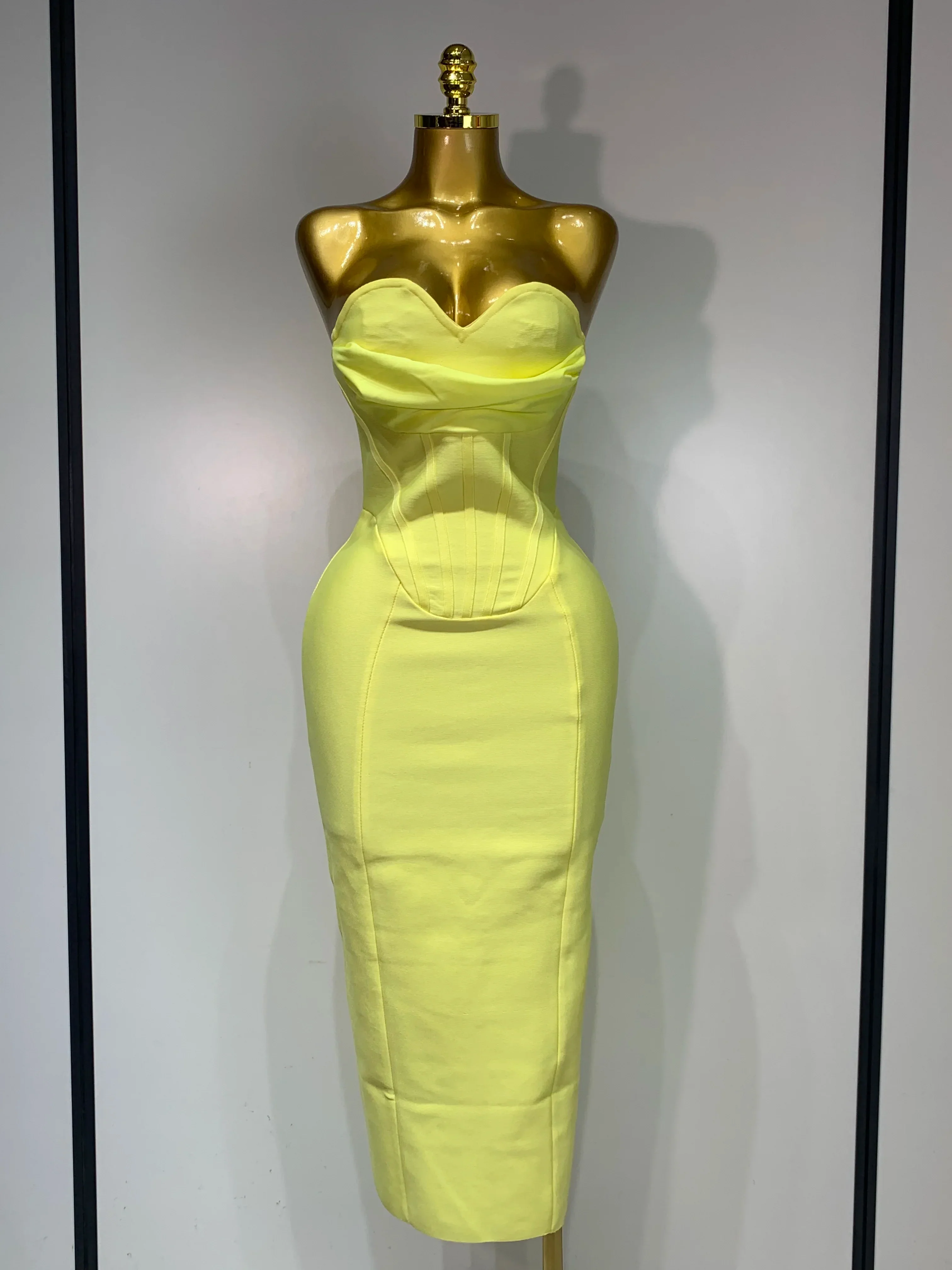 Newest Women Strapless Sexy Yellow Stretch Bodycon Bandage Dress Elegant Evening Party Luxury Birthday Celebrity Prom Gown