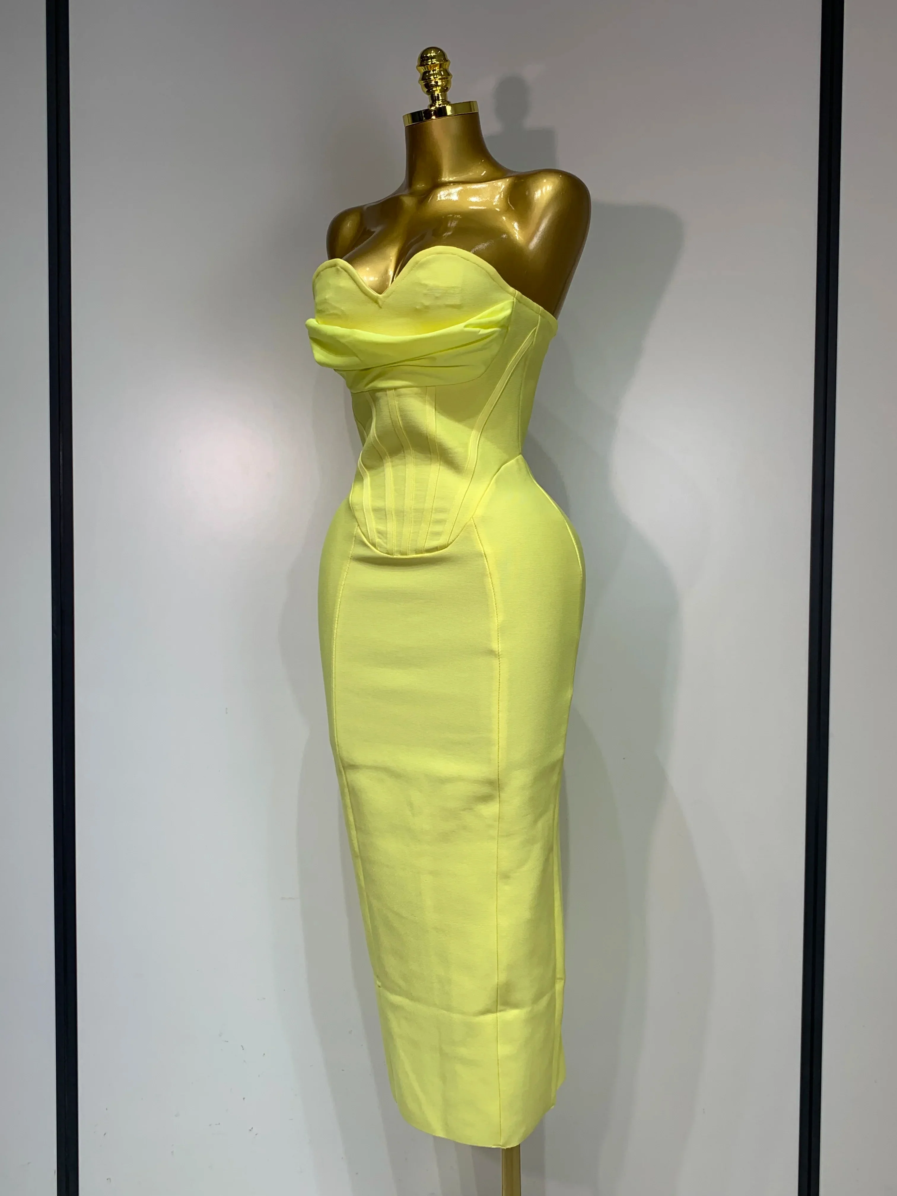 Newest Women Strapless Sexy Yellow Stretch Bodycon Bandage Dress Elegant Evening Party Luxury Birthday Celebrity Prom Gown - Image 2