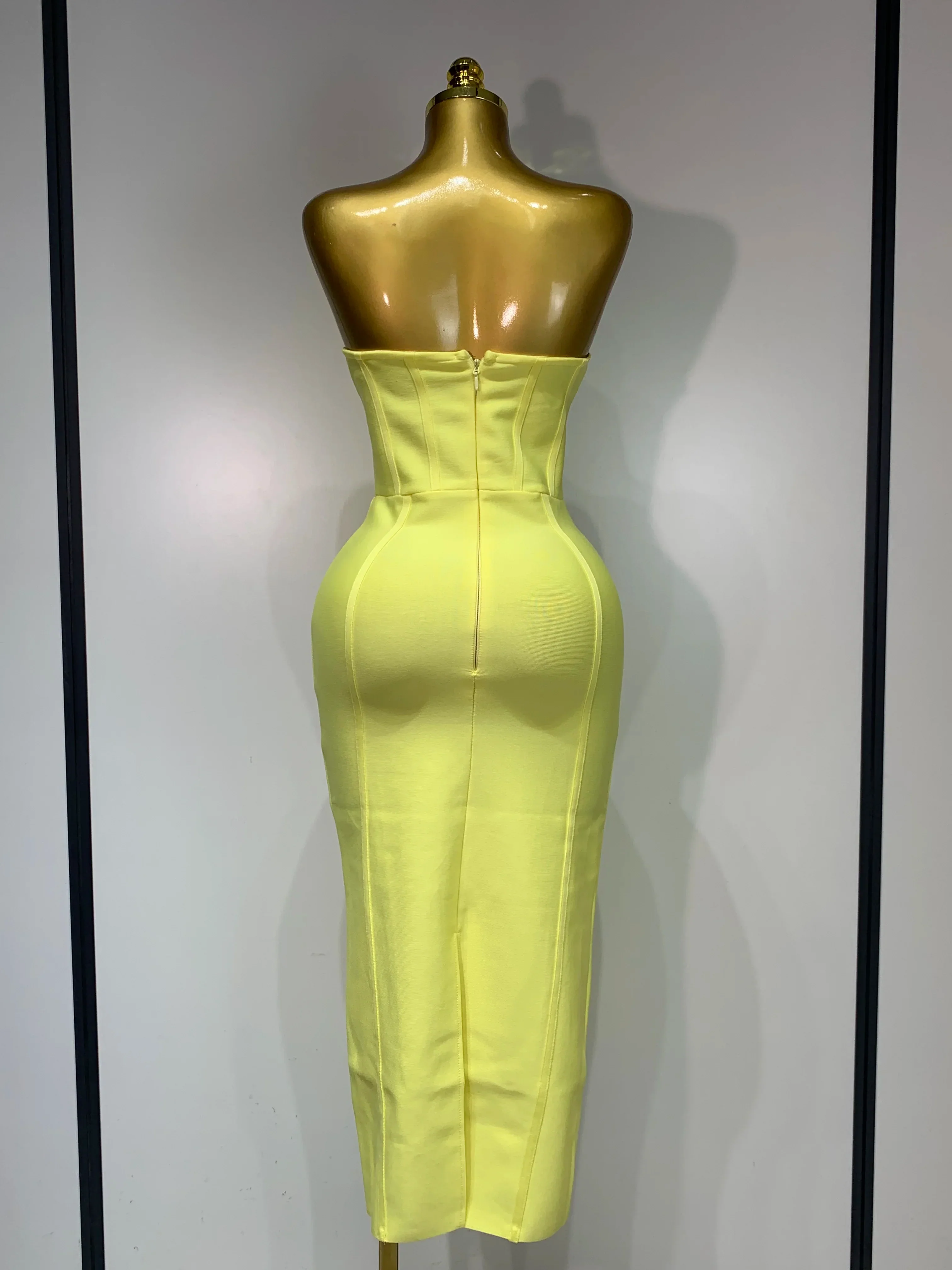 Newest Women Strapless Sexy Yellow Stretch Bodycon Bandage Dress Elegant Evening Party Luxury Birthday Celebrity Prom Gown - Image 4