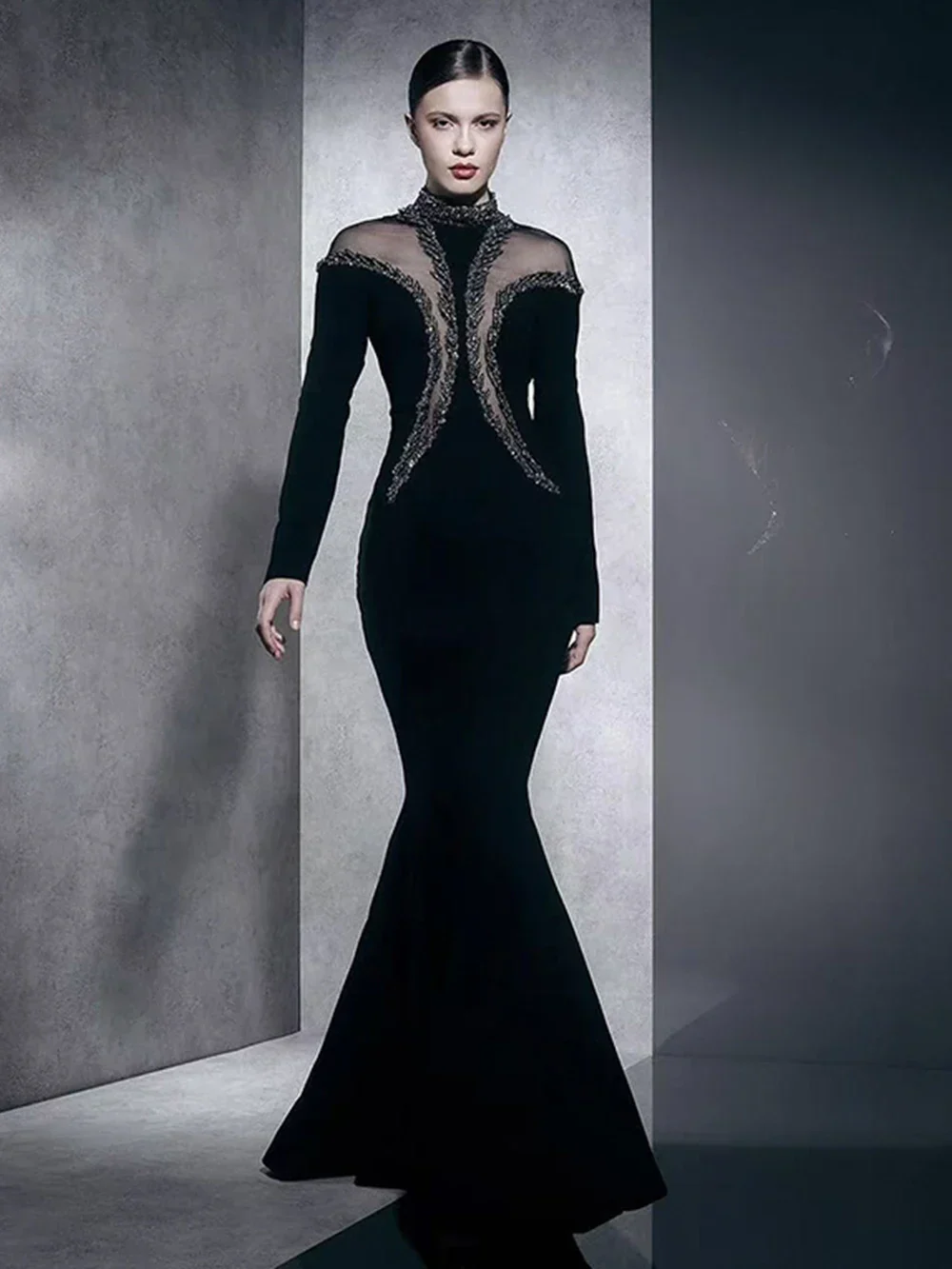 Newest Fashion Designer Party Vestido Women'S Diamonds Mesh Long Sleeves Bodycon Mermaid Long Maxi Dress
