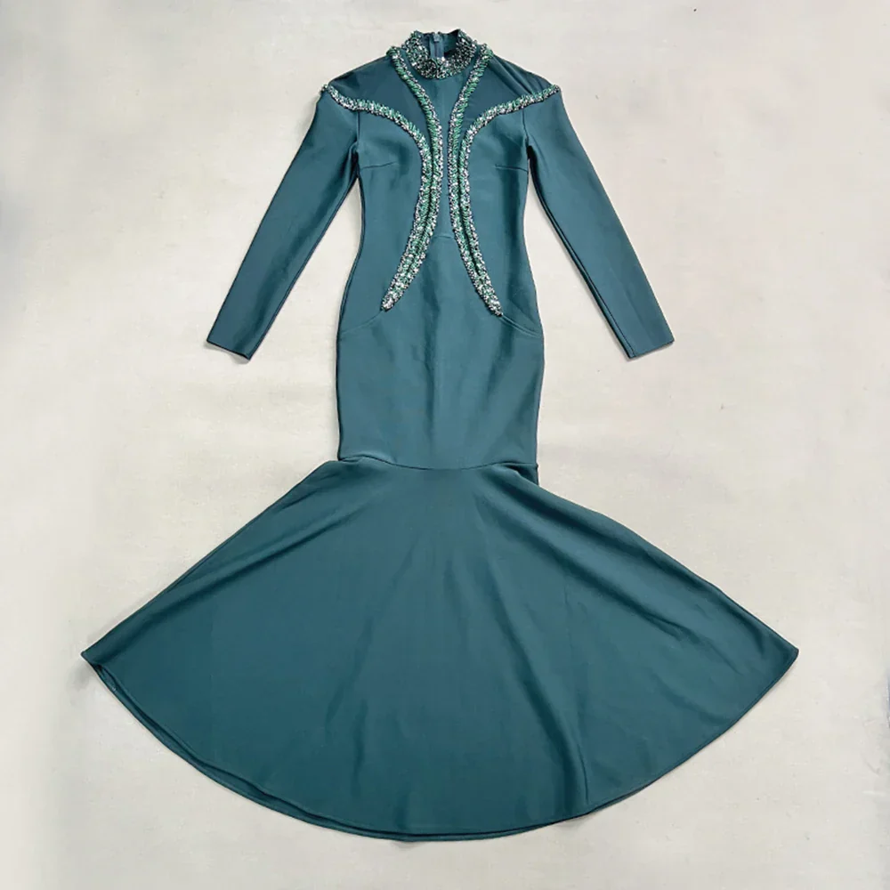 Newest Fashion Designer Party Vestido Women'S Diamonds Mesh Long Sleeves Bodycon Mermaid Long Maxi Dress - Image 8