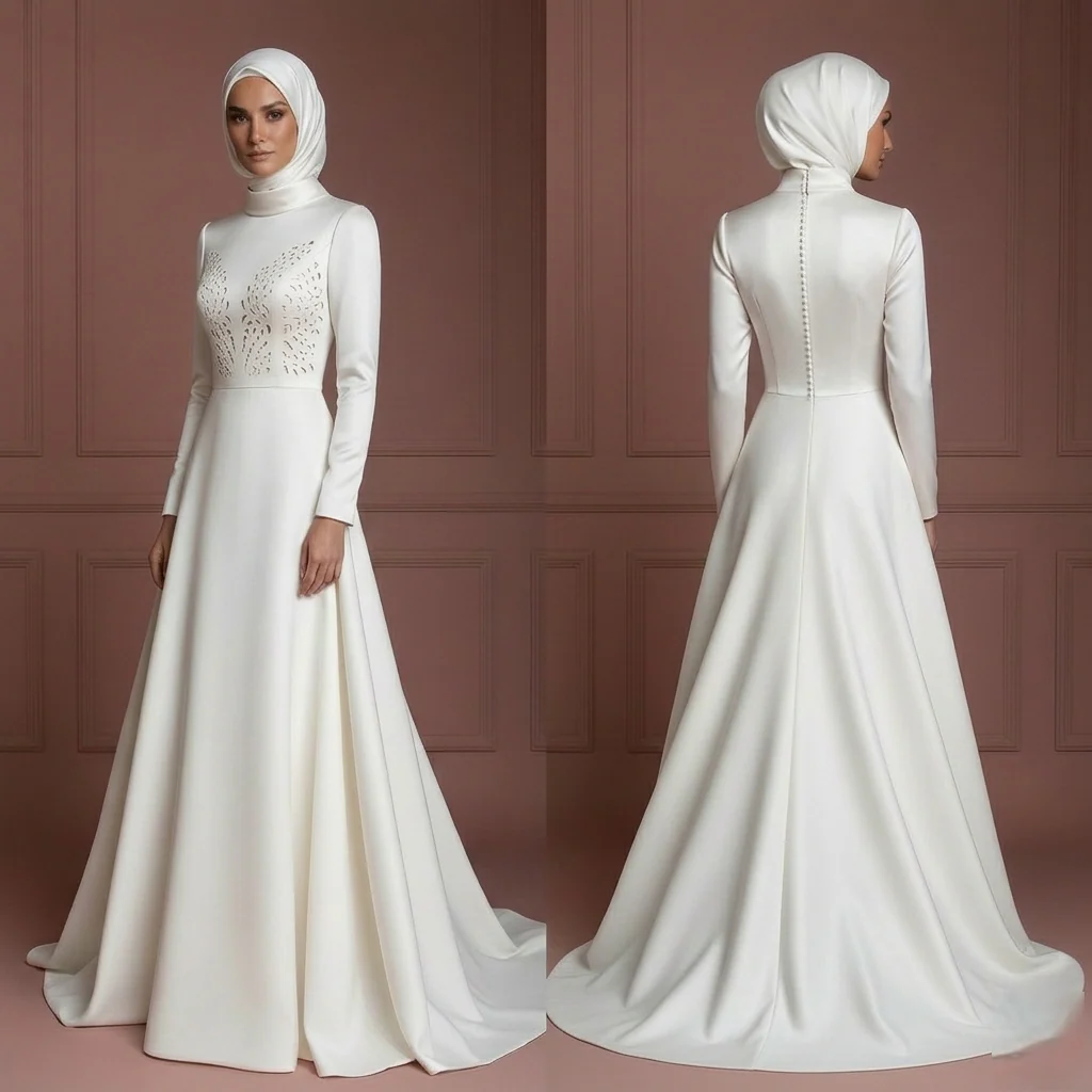 Nikah-Ready Satin Wedding Dress with Hijab – Soft Ivory A-Line Muslim