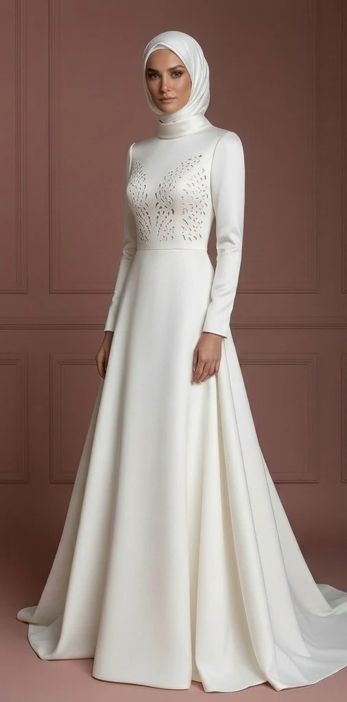 Nikah-Ready Satin Wedding Dress with Hijab – Soft Ivory A-Line Muslim - Image 2
