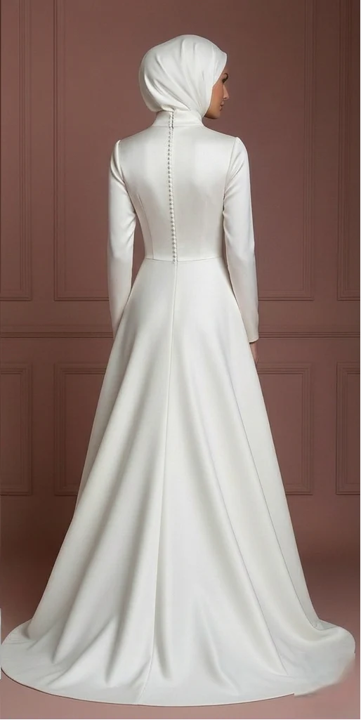 Nikah-Ready Satin Wedding Dress with Hijab – Soft Ivory A-Line Muslim - Image 3