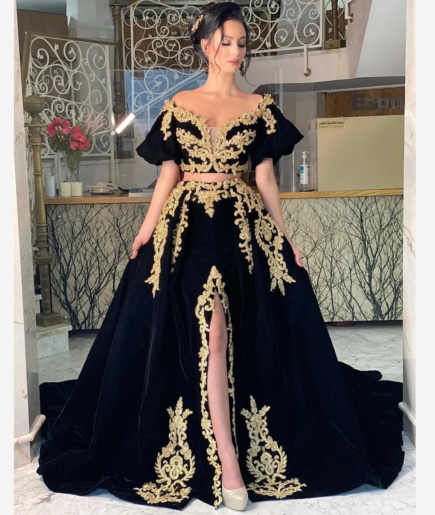 Noble A-Line Prom Dress Puff Sleeves Lace Appliques Formal Evening Dress High Slit Floor Length Kafeta Party Gowns - Image 3
