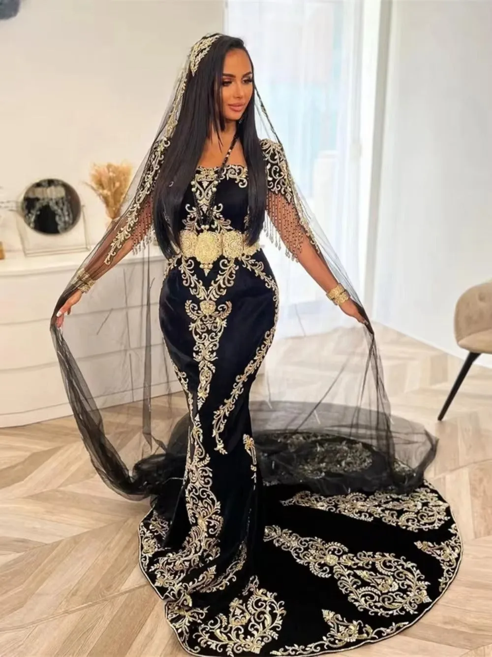 Noble Black Karakou Algerian Evening Dresses Mermaid Square Collar Lace Appliques Belt Luxury Formal Prom Gowns - Image 2