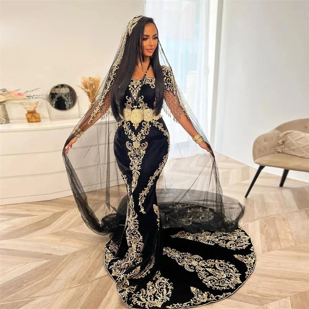 Noble Black Karakou Algerian Evening Dresses Mermaid Square Collar Lace Appliques Belt Luxury Formal Prom Gowns - Image 3