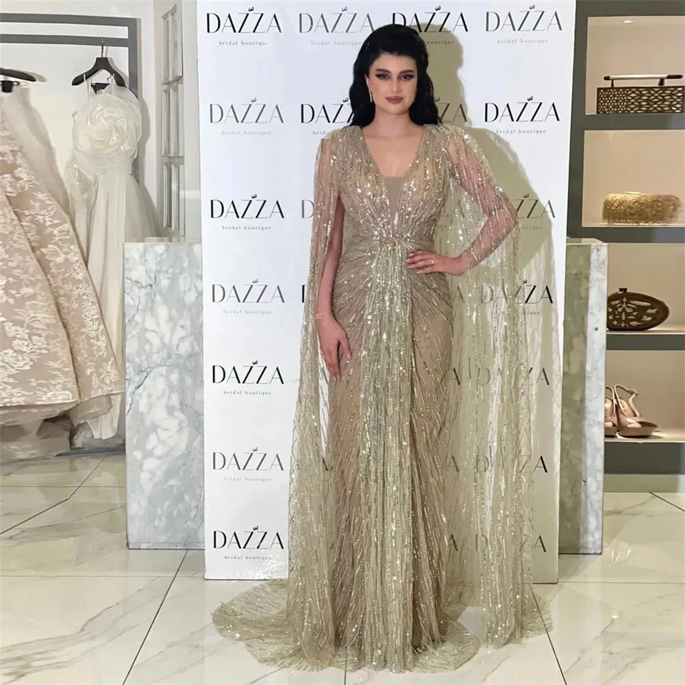 Noble Saudi Arabic Prom Dresses V-Neck Formal Evening Dresses Long Cape Sleeves Sequined Women Party Gowns Event