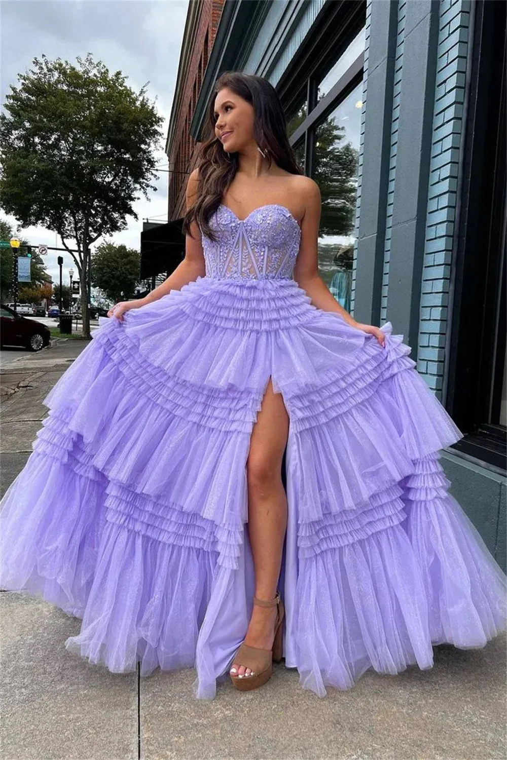 Off Shoulder A-line Prom Dress Heart Shaped Neck Multilayer Vestidos De Noche Sexy Side High Split Graduation Ball Dress - Image 6