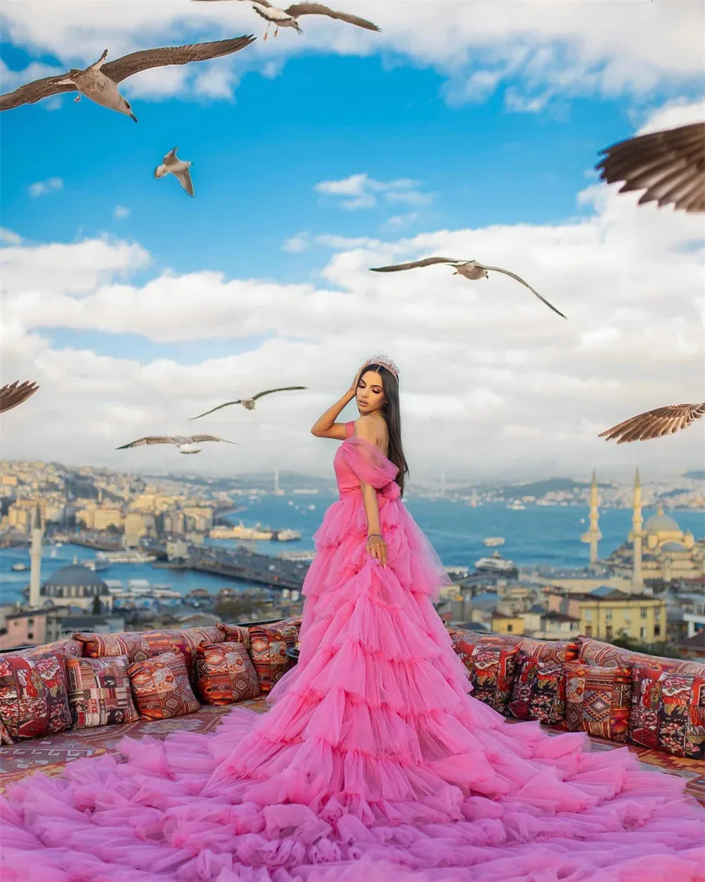 Off Shoulder Flying Dress Prom Dress Sexy Hot Pink Multilayer Vestidos De Fiesta Luxurious Sweep Train Evening Dress - Image 5