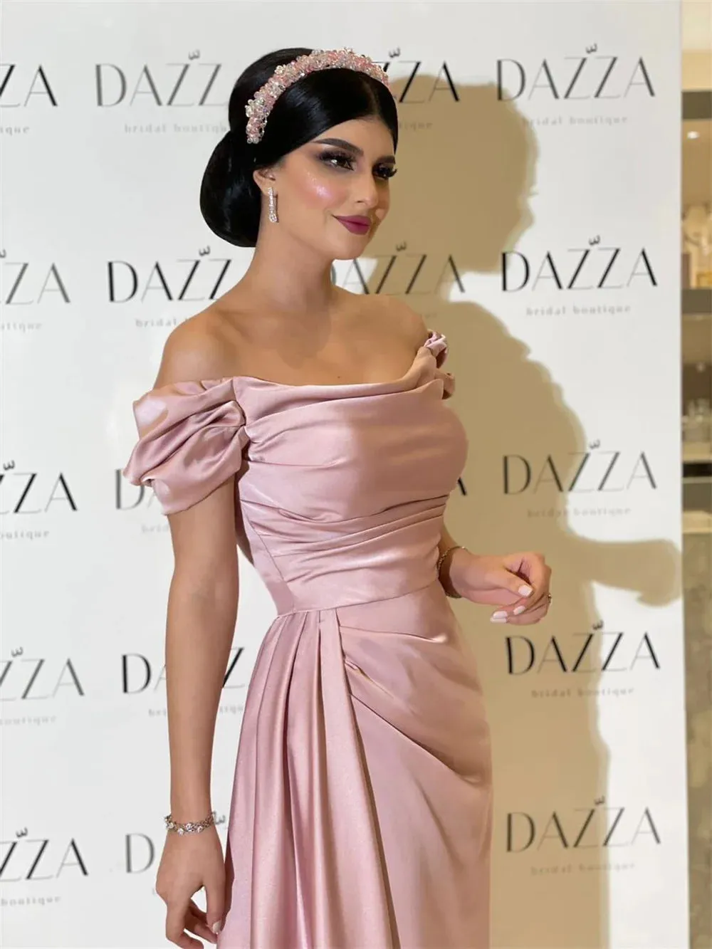 Off Shoulder Mermaid Evening Dress Elegant Light Pink Short Sleeve Fishtail Party Dress Elegant - Image 2
