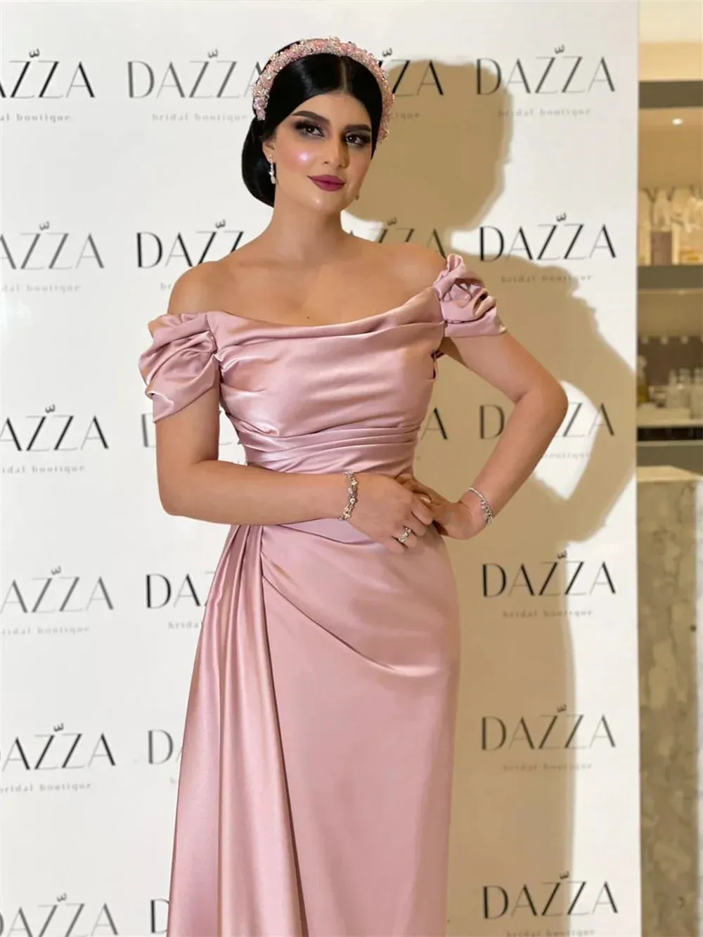 Off Shoulder Mermaid Evening Dress Elegant Light Pink Short Sleeve Fishtail Party Dress Elegant - Image 3