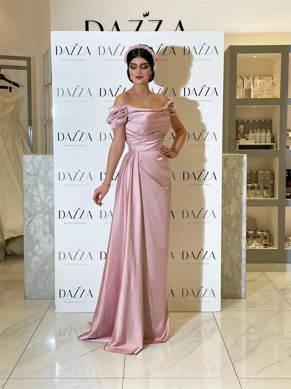 Off Shoulder Mermaid Evening Dress Elegant Light Pink Short Sleeve Fishtail Party Dress Elegant - Image 4