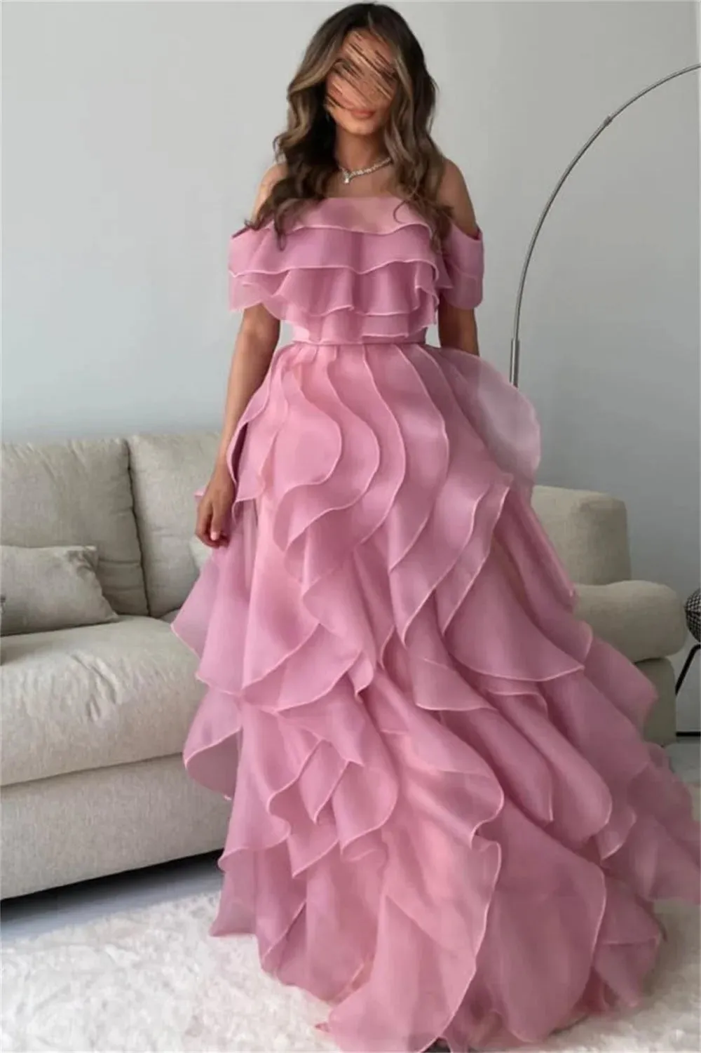 Off Shoulder Prom Dress Edge Curl Organza Vestidos De Noche Elegant Multilayer Puffy Prom Dress Maxi Weddding Dress - Image 3