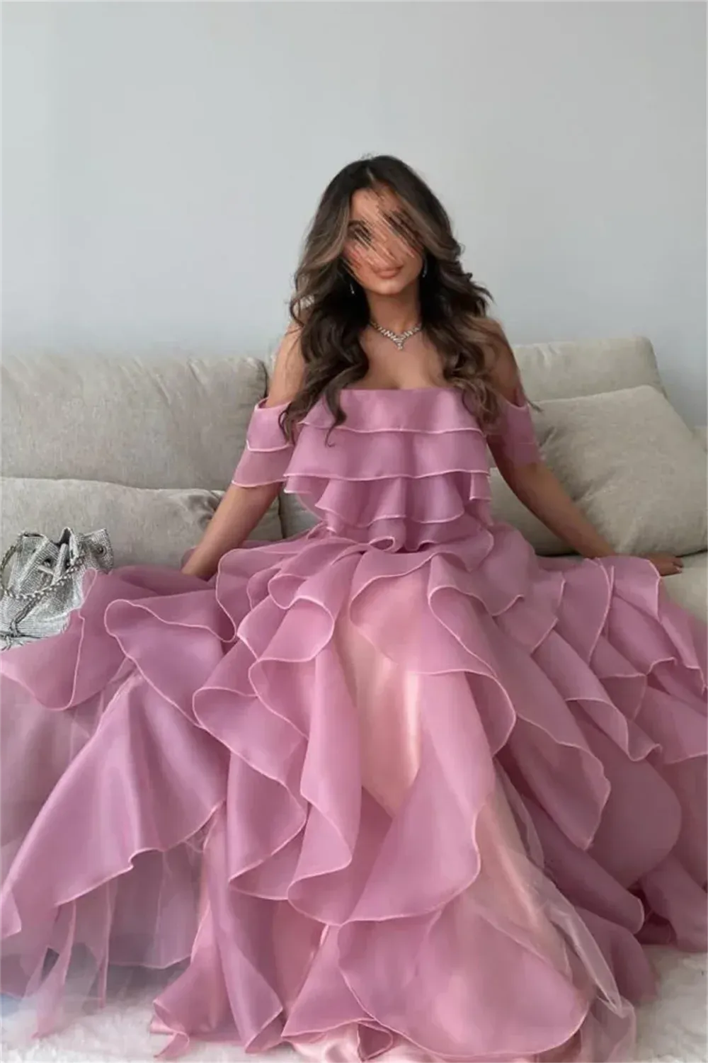 Off Shoulder Prom Dress Edge Curl Organza Vestidos De Noche Elegant Multilayer Puffy Prom Dress Maxi Weddding Dress - Image 4