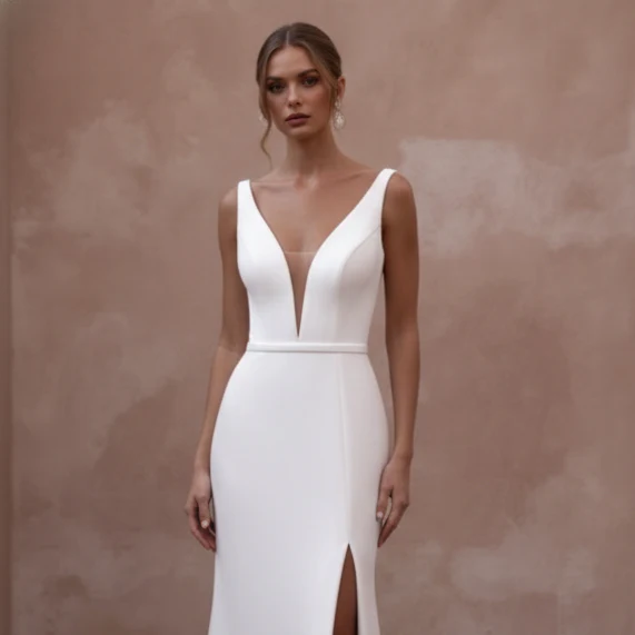 Simple Slit Wedding Dress Sleeveless Modern Bridal Wear - Image 4