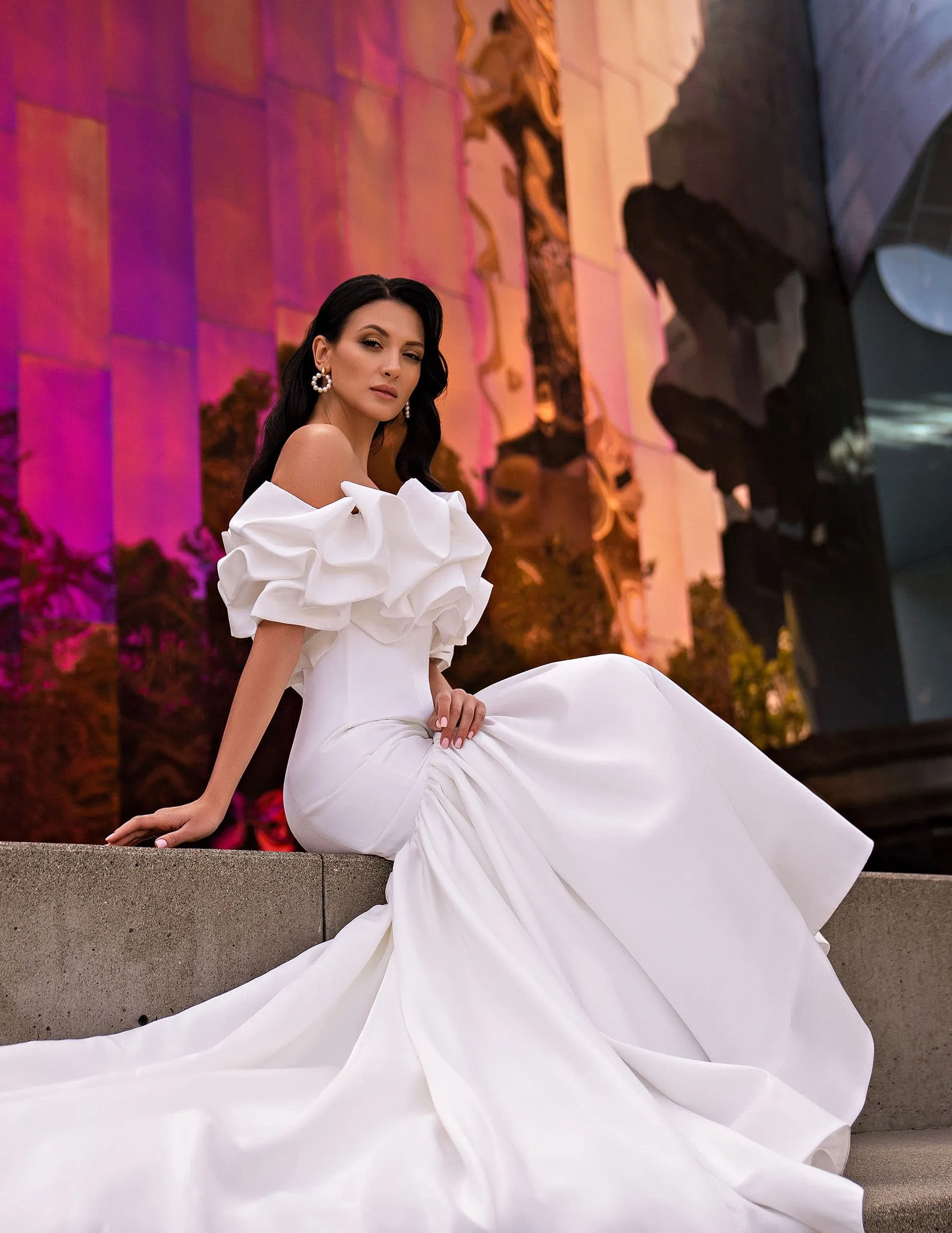 Off the Shoulder Satin Mermaid Wedding Dress with Delicate Ruffles Shoulder for Brides Elegant Timeless Bridal Dress - Image 3