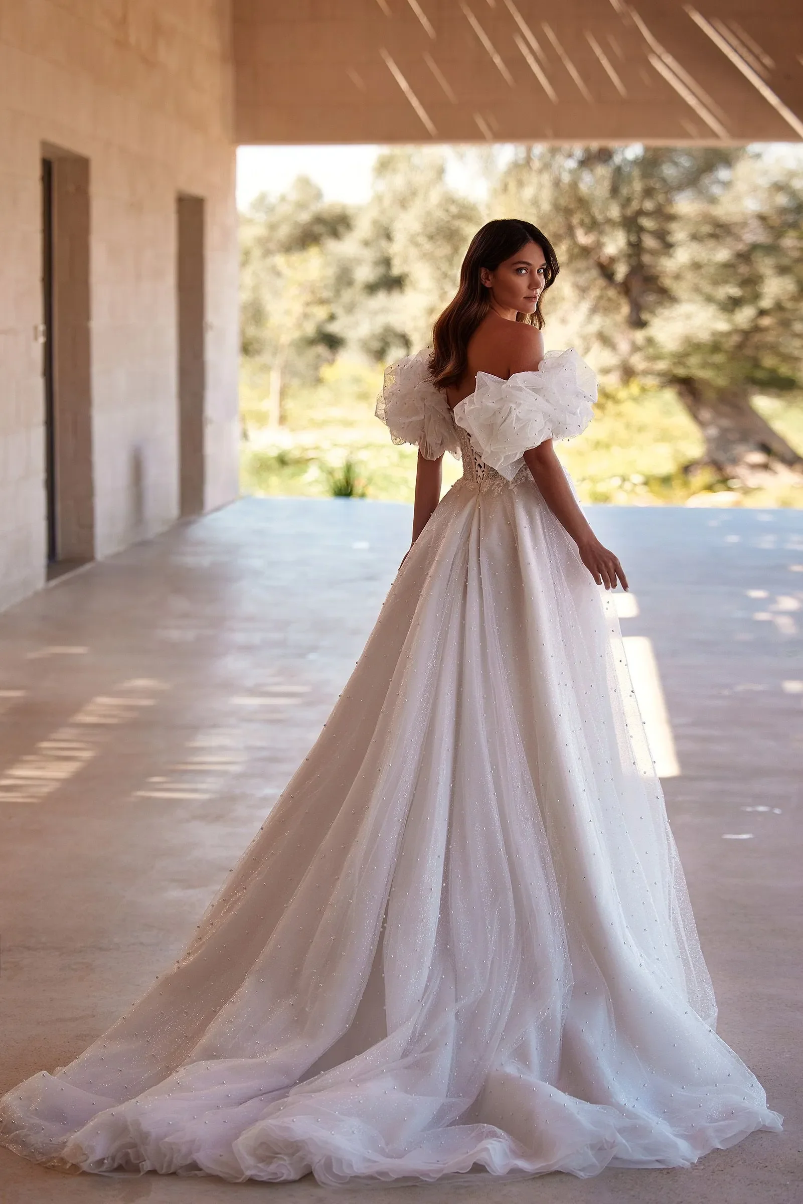 Off the Shoulder Tulle Wedding Dresses Puff Sleeve for Bridal Side Split Lace Wedding Gown - Image 2