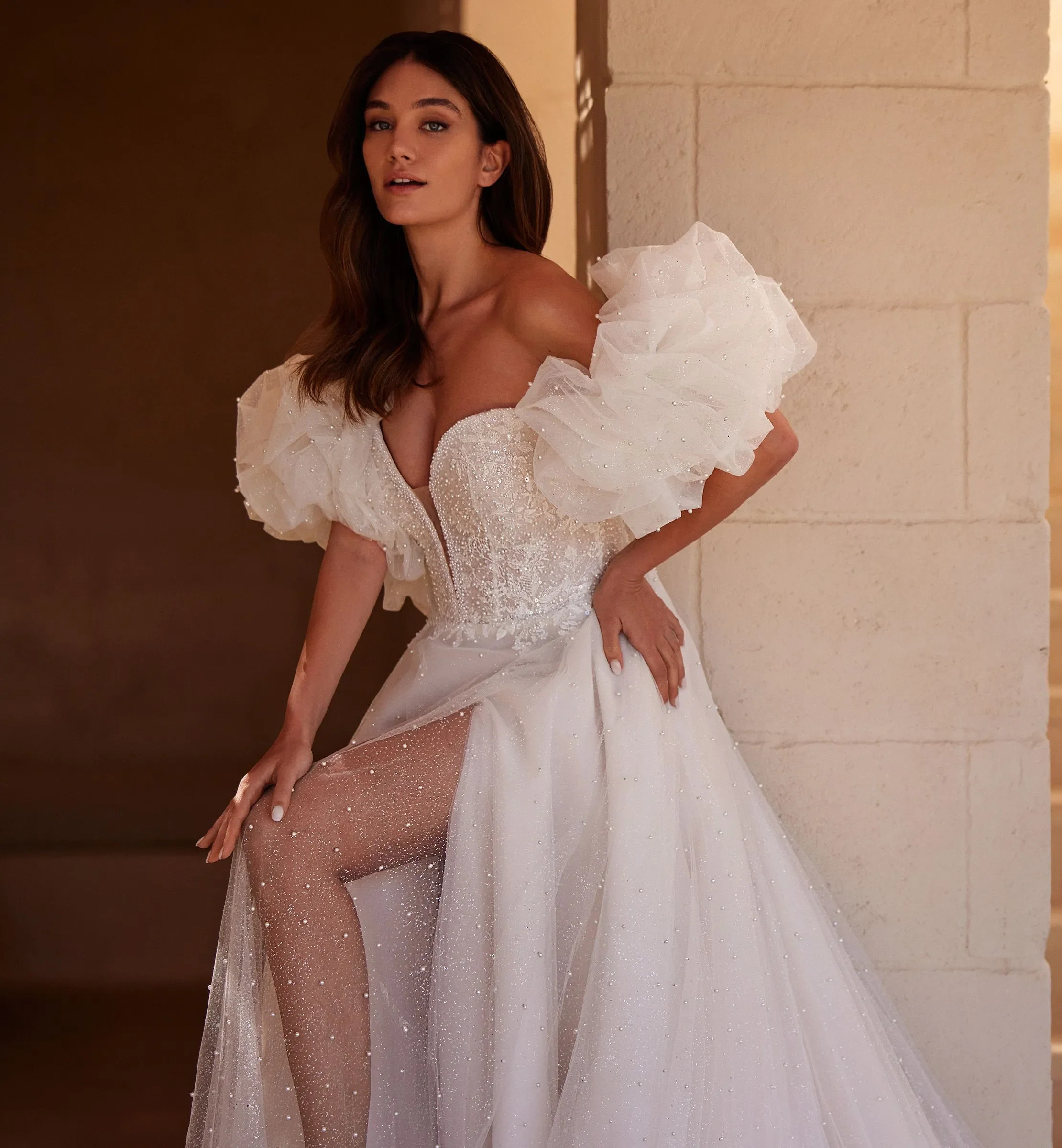 Off the Shoulder Tulle Wedding Dresses Puff Sleeve for Bridal Side Split Lace Wedding Gown - Image 4