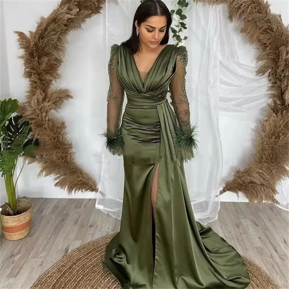 Olive Green Mermaid Evening Dresses Beaded Long Sleeves Prom Gowns With Feathers Side Slit Formal Party Event Gowns - Image 3