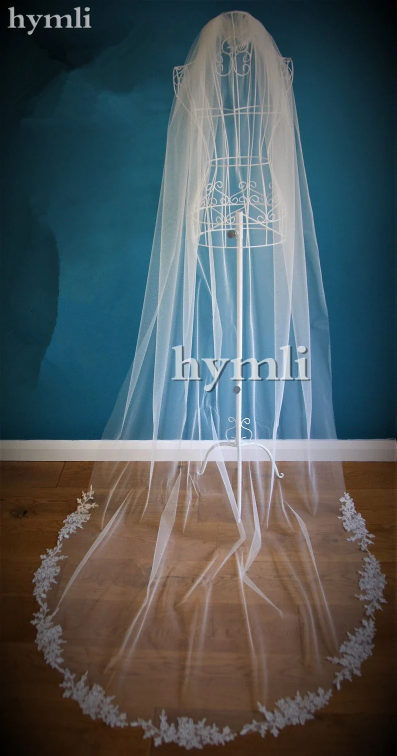 One Layer Lace Applique Wedding Accessories Chapel Veil In White, Off White, Ivory Metal Comb on The Top