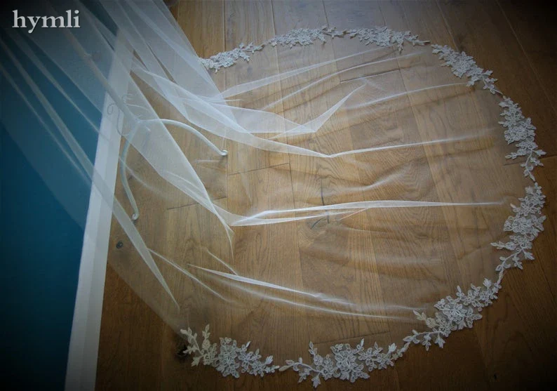 One Layer Lace Applique Wedding Accessories Chapel Veil In White, Off White, Ivory Metal Comb on The Top - Image 2