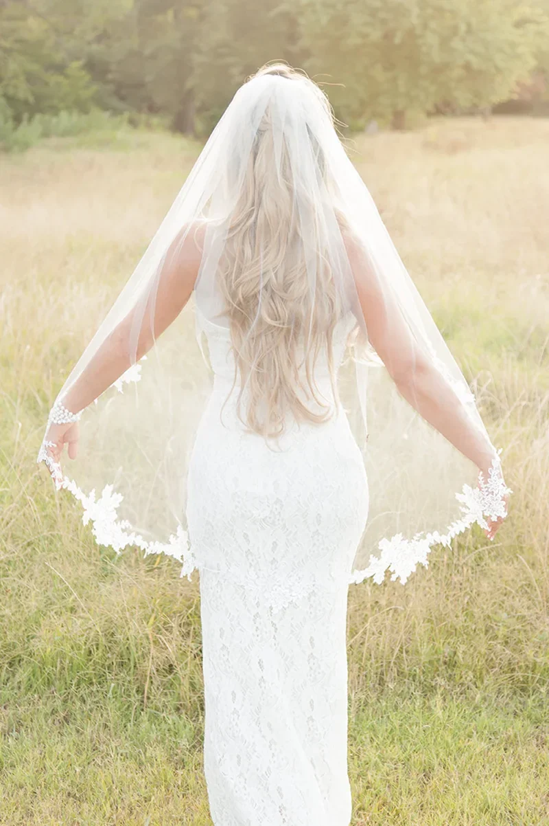 One Layer Wedding Veil - New Style Lace Appliques Elbow Fingertip Floor Chapel Cathedral Length Bridal Veil - Image 2