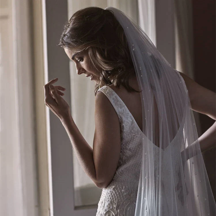 One Layer Wedding Veil Pearl Veil Cut Edge Bridal Veil in Light Ivory ,Champagne - Image 3