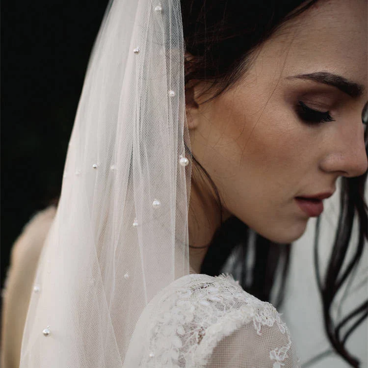 One Layer Wedding Veil Pearl Veil Cut Edge Bridal Veil in Light Ivory ,Champagne - Image 4