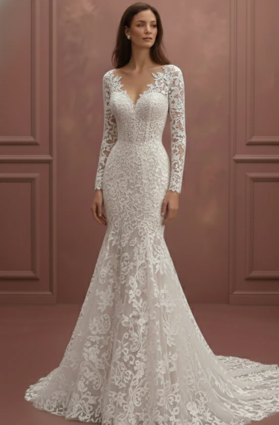 Plunging V-Neck Sleeve Wedding Dress Long Lace Mermaid Gown - Image 2