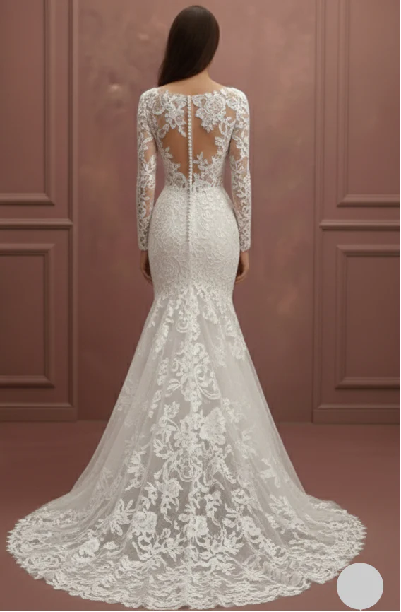 Plunging V-Neck Sleeve Wedding Dress Long Lace Mermaid Gown - Image 3