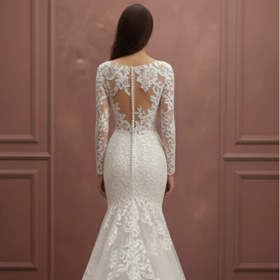 Plunging V-Neck Sleeve Wedding Dress Long Lace Mermaid Gown - Image 5
