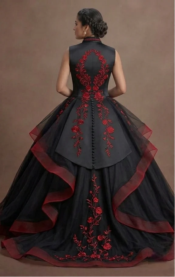 Onyx Black Quinceañera Gown with Red Rose Embroidery - Image 3