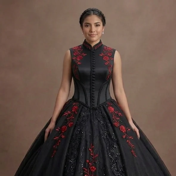Onyx Black Quinceañera Gown with Red Rose Embroidery - Image 4