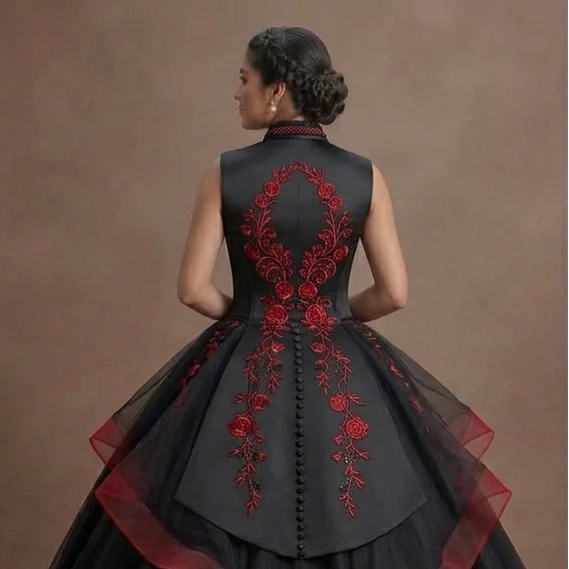 Onyx Black Quinceañera Gown with Red Rose Embroidery - Image 5