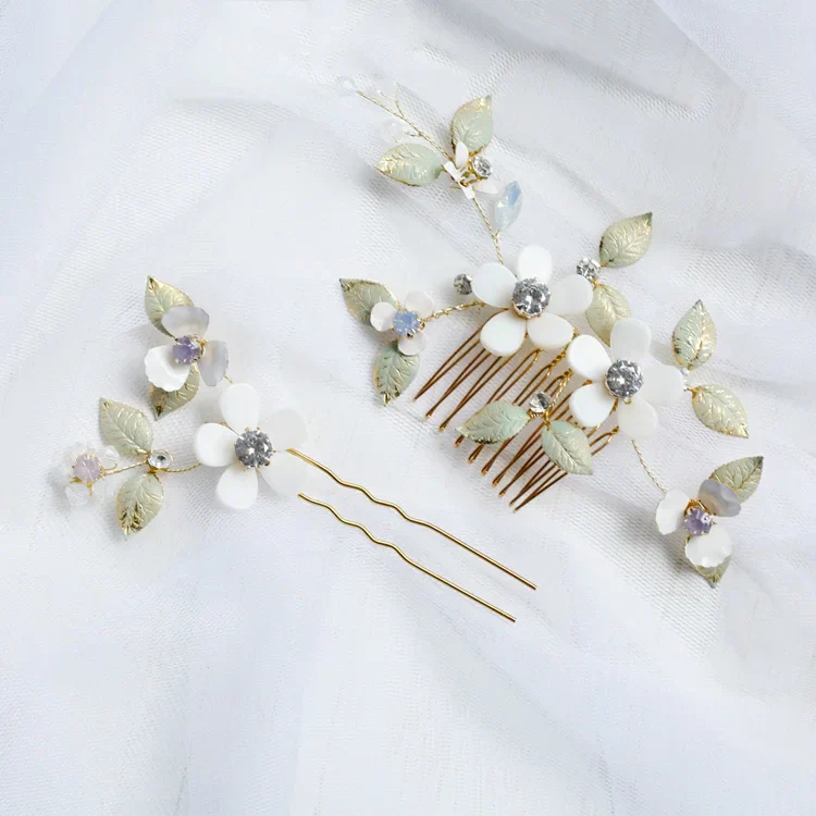 Opal Crystal Hairpins Flower Leaf Headpieces Headdress Brides Women Hair Combs Pins Clips Wedding Jewelry Bridal Accessories - Image 2