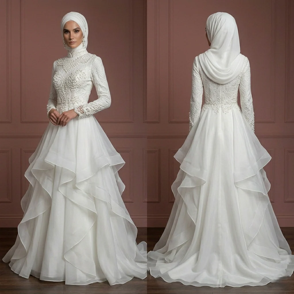 Organza A-Line Nikah Wedding Dress β Pearl White Modest Hijab Bridal Look Muslim