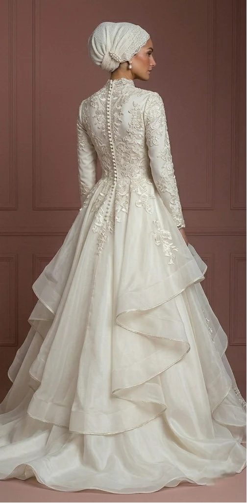 Organza Ball Gown – Ivory Modest Muslim Wedding Dress Muslim - Image 3